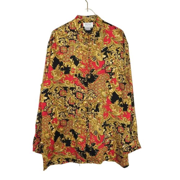 Tess Vintage Blouse Gold Black and Red Regal Button Down Blouse Large Gaudy Glam - Picture 1 of 5